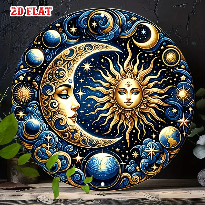 2D Flat 1pc Vintage Metallschild, himmlische Sonne und Mond im kosmischen Design, rundes Aluminium-Poster mit eleganter Bildgebung, Retro-Vintage-Stil
