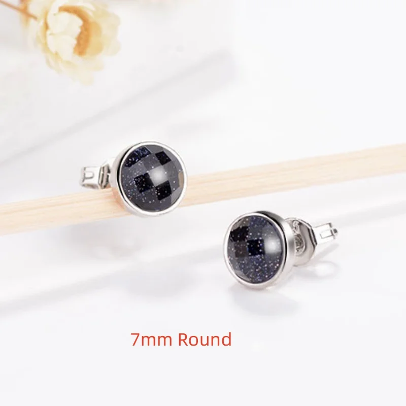 Buyee 925 Sterling Silver Small Stud Earring Blue Sandstone Square & Round Earring for Women Men Fashion Fine Jewelry Earring