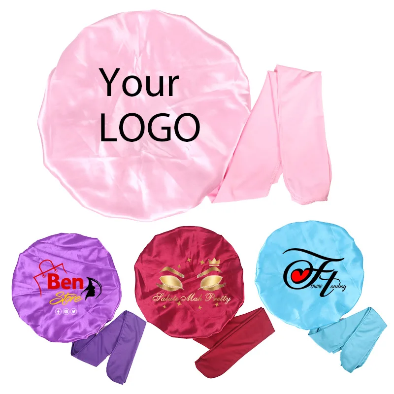 Personalizar Cetim Bonnet com Logo, Jumbo Silk Hair, Bonnet para dormir, Stretchy Tie Band, Long Curly Braid Hair, 10pcs