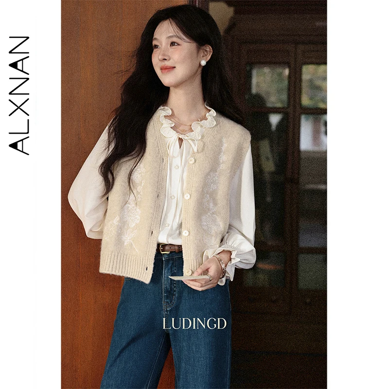 ALXNAN Bezrękawniki z dekoltem w serek Zapinane na guziki Kardigany dzianinowe Damskie Jesienne Miękkie Warstwy do Noszenia na Wierzch Uniwersalne Swetry Odzież Damska L57223