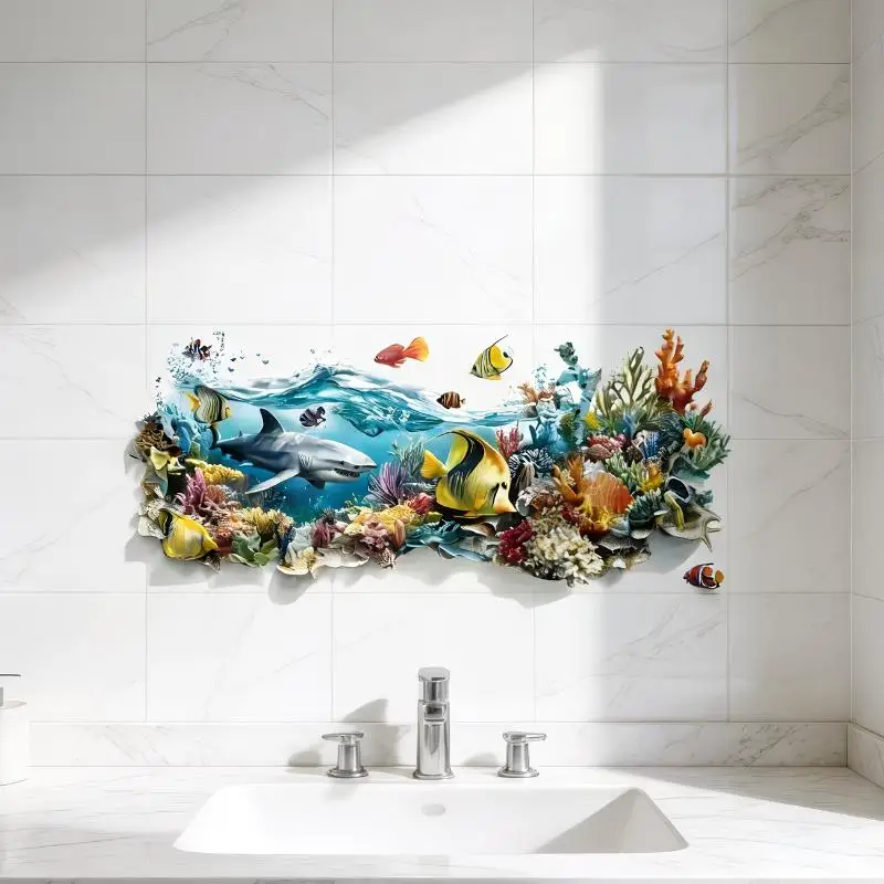 Ocean Fish Sink Area Background Wall Sticker Bathroom Wall Decoration Self-Adhesive Removable Waterproof Creative Sticker