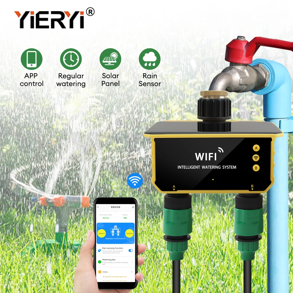 Yieryi 1-Way/2-Way WIFI Solar Irrigation Timer Tuya/Smart Life APP Smart Valve Outdoor Garden Drip Irrigation Sprinklers Timer