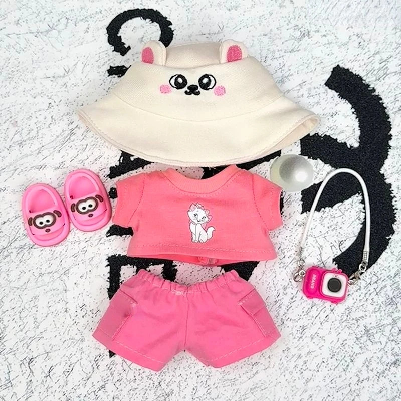 Abiti per bambole in peluche Labubu 1-3 Gen 17 cm |   Simpatico set di maglietta rosa + pantaloni con cappello |   Vestiti di peluche per accessori Labubu