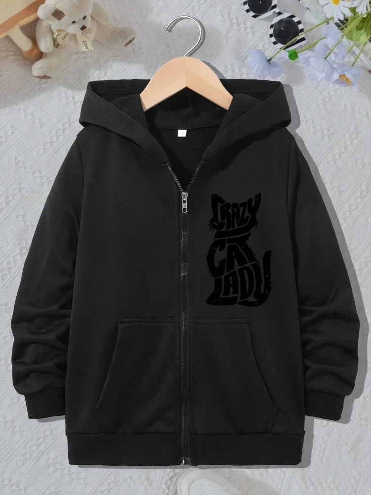 Girls Sweet Cat Shape Crazy Cat Lady Zip Hoodie Kids Long Sleeve Loose Pet Lover Casual Hooded Outer Jacket