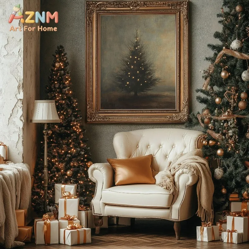 Moody Vintage Christmas Tree Canvas Wall Art Xmas Tree Rustic Antique Winter Holiday Home Wall Print Unframed Canvas Poster