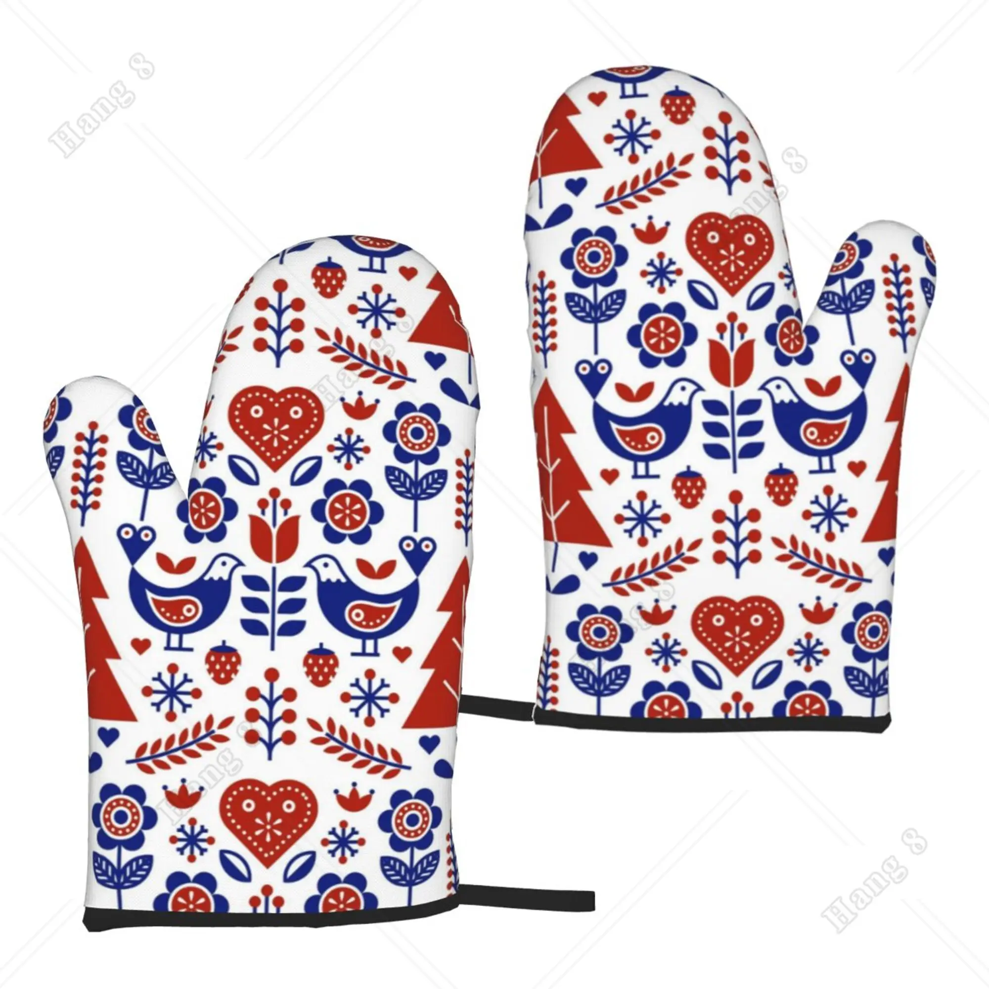 

Бесшовные рождественские варежки для духовки с фольклорным рисунком в скандинавском стиле, кухонные перчатки 2 шт., перчатки для барбекю, перчатки для духовки, термостойкие для готовки