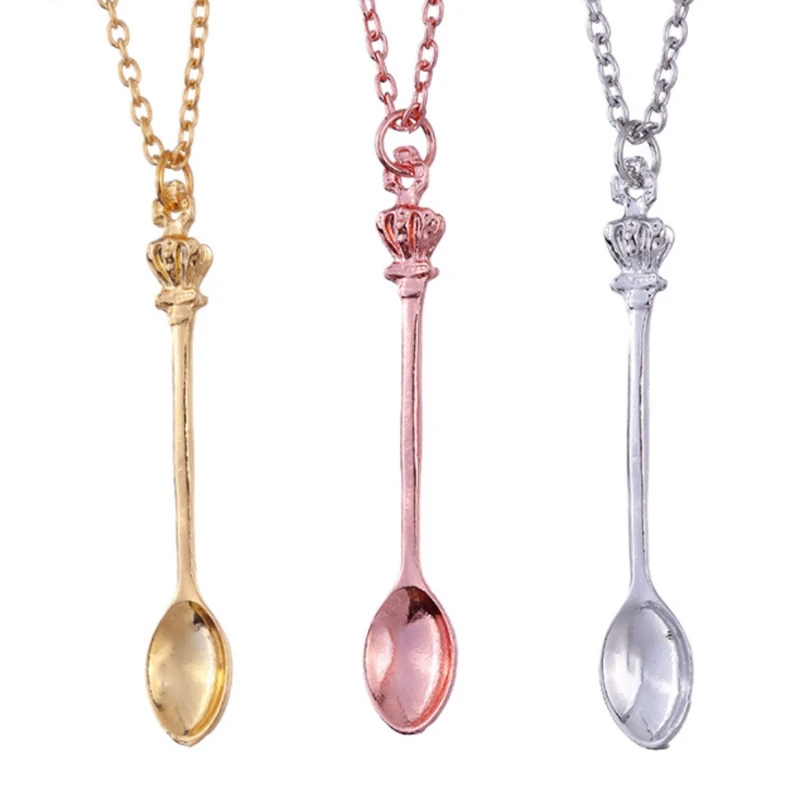 3PCS Gold Silver Plated Mini Teaspoon Crown Tea Spoon Vintage Royal Shovel Ibiza Festival Necklace