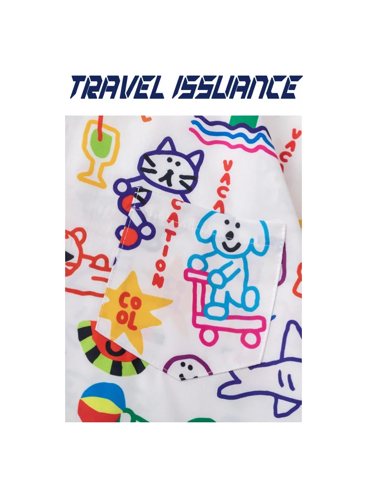 Travel Issuance Beach Play Vintage Graffiti Print Short Sleeve Loose Unisex Summer Shirt Men's Women's Harajuku Style