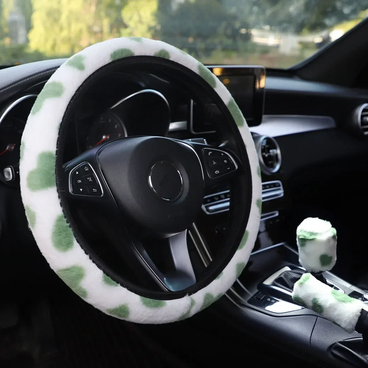 3/1Pcs Soft Plush Steering Wheel Cover Kit with Stop Lever+Hand Brake Wool Winter Warm Auto Car Interior Accessories 37-38cm