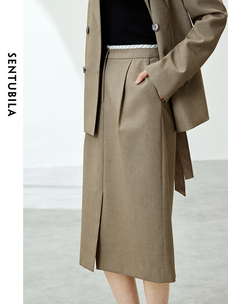 SENTUBILA Office Lady Elegant 2 Pieces Outfits Blazer Skirt Sets 2024 Spring Autumn Belted Tailored Coat Split Skirt 141Z53378