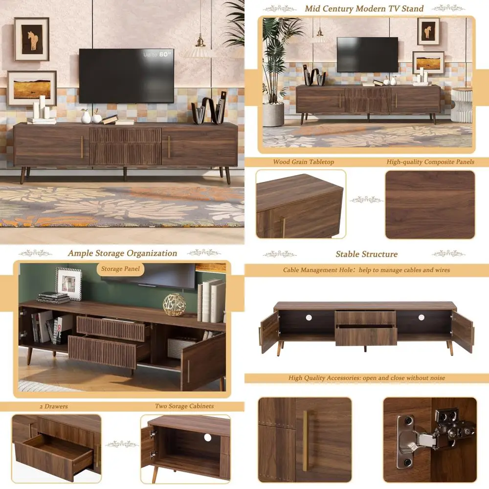

Mid Century 70-Inch TV Stand, Modern Entertainment Center for TVs up to 80 Inches, Media Console with Storage, 2 Cabinets & 2 Dr