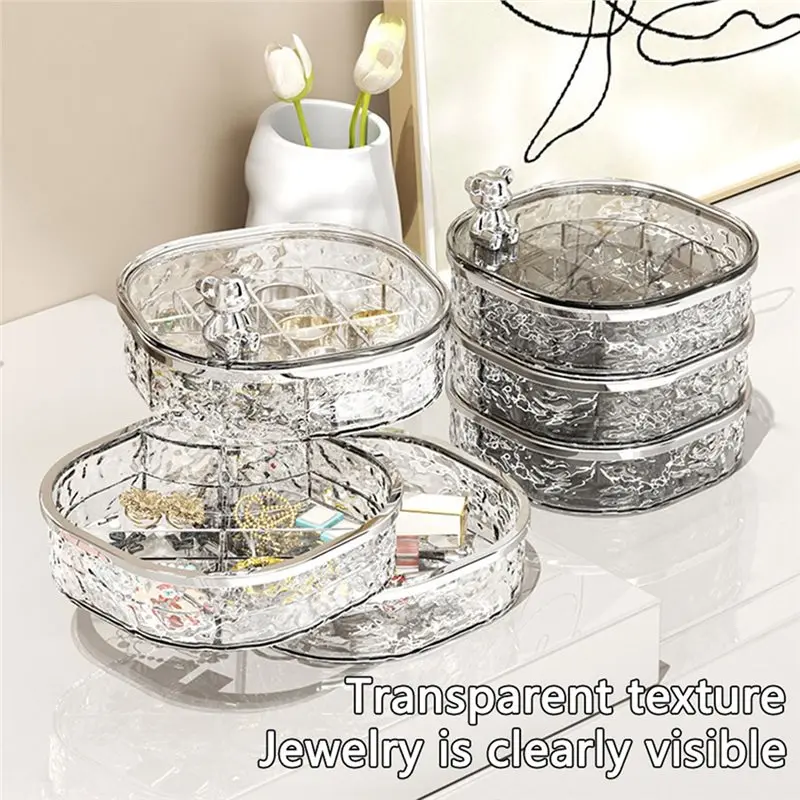 B84B Rotating Jewelry Box, Transparent Partition, High-End Jewelry Storage Organizer, for Earrings Rings, Plastic, Transparent