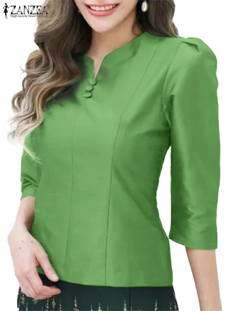 ZANZEA Tuniche da donna Camicette vintage con scollo a V Camicette eleganti in tinta unita 2025 Estate Casual Manica a sbuffo a 3/4 Blusas oversize