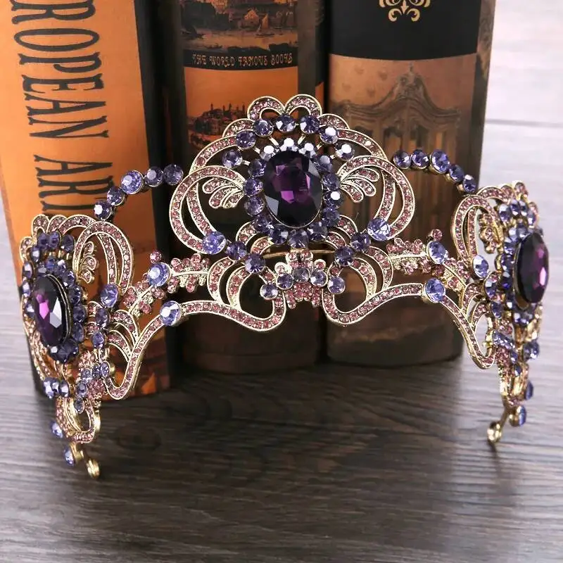 Baroque Purple Crystal Beauty Princess Crown Tiaras Magnificent Rhinestone Diadem For Bride Hairbands Wedding Hair Accessories