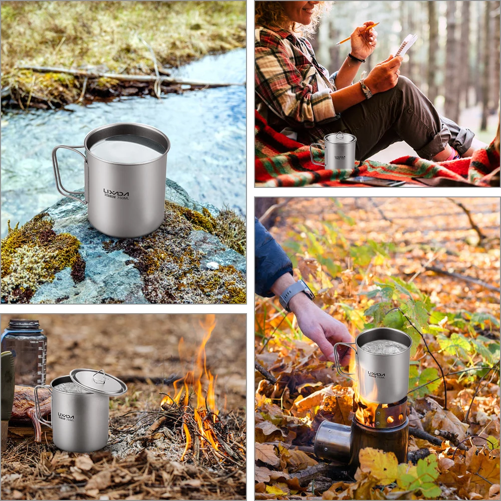 Lixada Ultralight Titanium Cup Mug 300/350/550/650ml Outdoor Water Cup Camping Picnic Water Mug Tableware with Foldable Handle