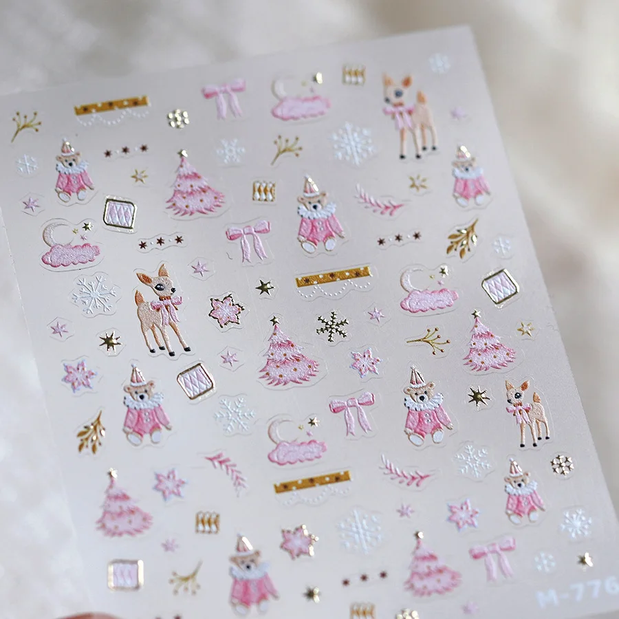 Pink Snowflake Christmas Nail Stickers Small Stickers Cute Gilding Embossed Adhesive Decor Nail Art Stickers DIY Manicure Decals