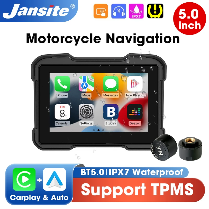 

Portable 5" Motorcycle Touch Screen GPS Navigation BT Wireless Carplay Android Auto Support TPMS Moto Monitor IPX7 Waterproof