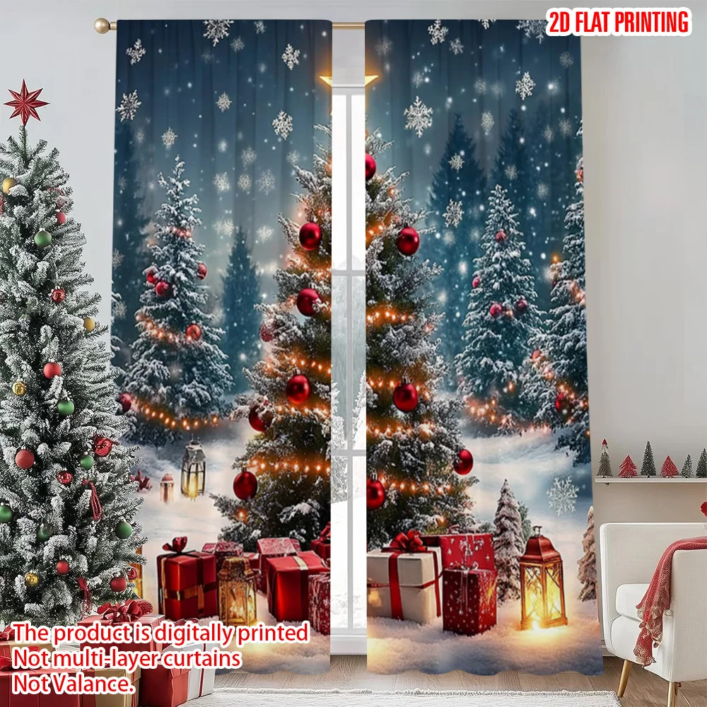 

2pcs 2D flat printing Christmas Scene Curtain Snowy Christmas Versatile Polyester Fabric Without Electricity Versatile Use for