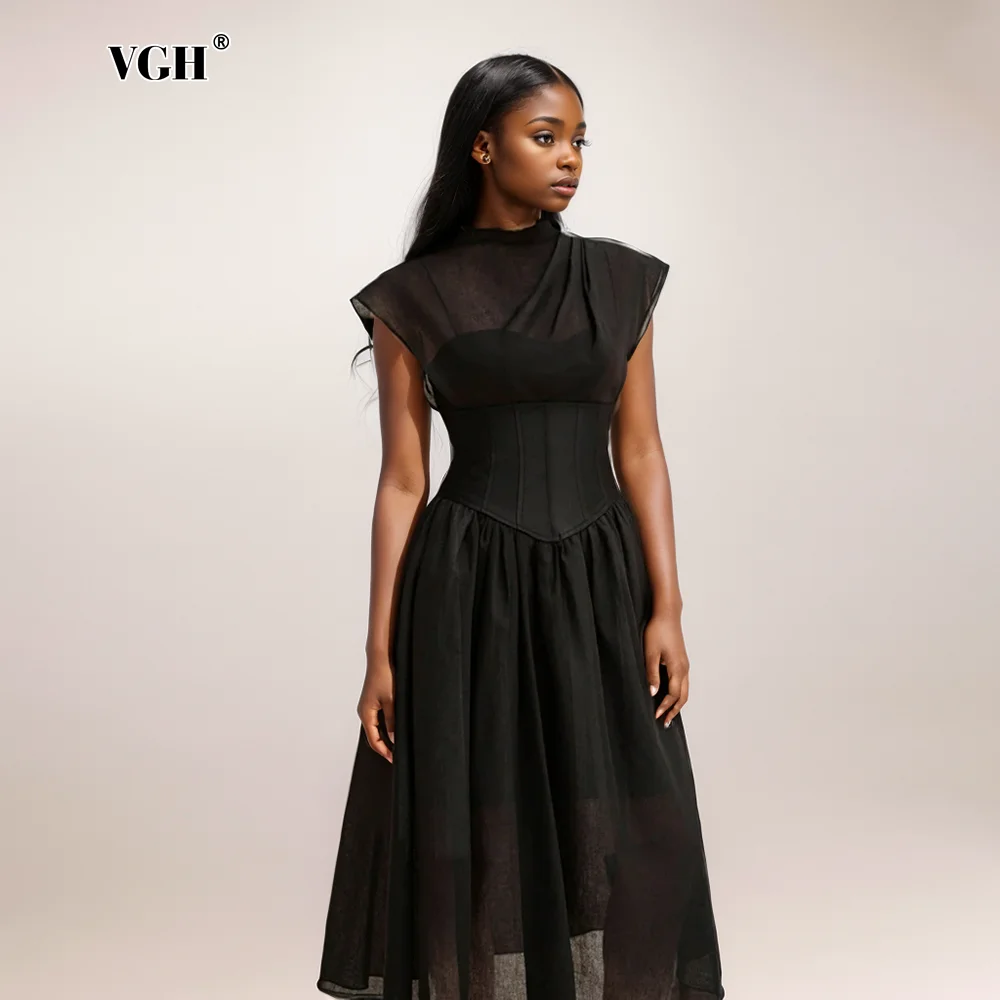 VGH Elegant Hollow Out Long Dress For Women Stand Collar Sleeveless High Waist Temperament Slimming Dresses Female Fashion New