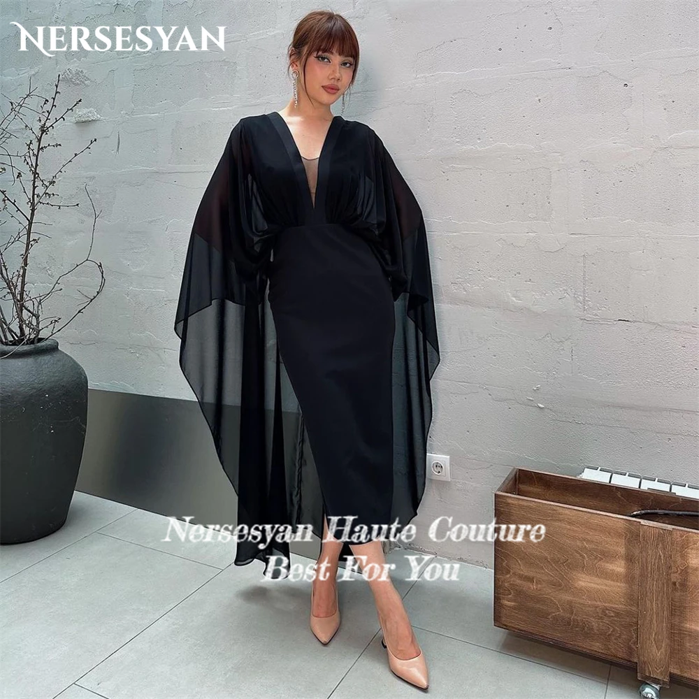 Nersesyan-elegante vestido de noche Formal negro con mangas de Ángel, vestido de fiesta largo hasta el tobillo, cuello en V