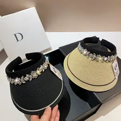 Luxury Rhinestone Empty Top Sun Hats for Women Summer Sunscreen Panama Large Brim UV Protection Sunshade Travel Beach Hat