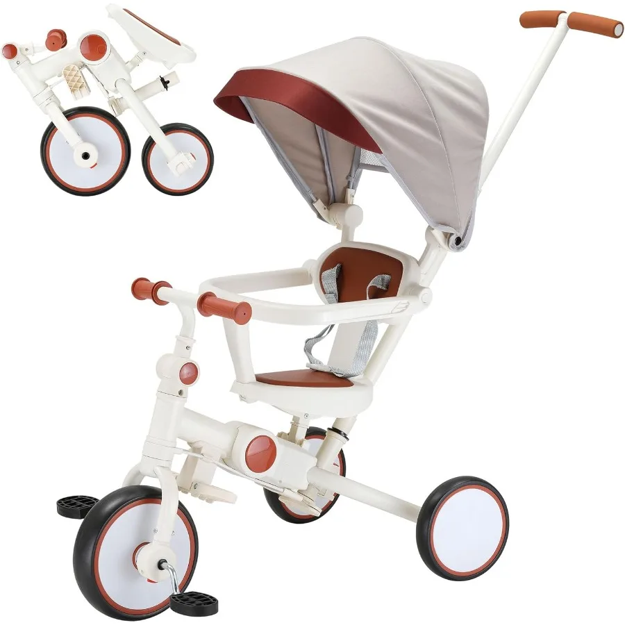 7-in-1 Foldable Baby Tricycle with Removable Canopy Adjustable Parent Handle Safety Harness and Wheel Brakes for Toddlers 1-5 Y
