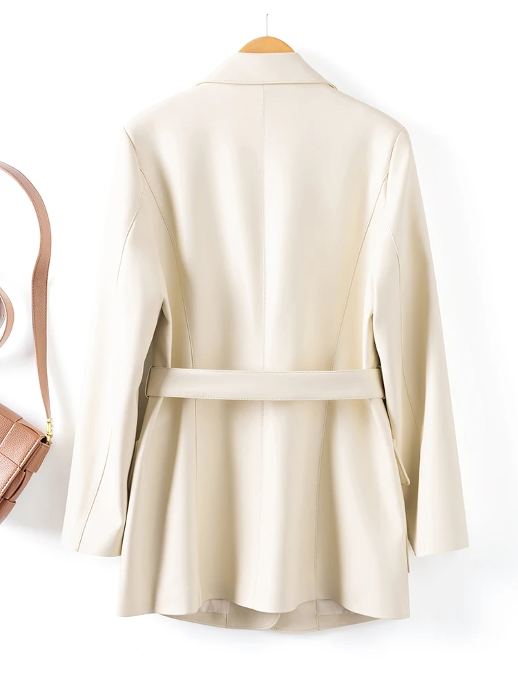 本革シープスキンコート女性のミッドレングスベルト付きウエストスリミングスーツ襟ジャケット秋冬新作通勤スレ