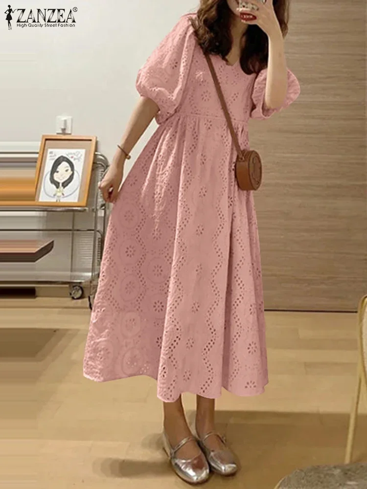 Zanzea moda verão a linha vestido solto feminino elegante puff manga festa de férias vestidos rendas crochê vestido bordado vestido de verão