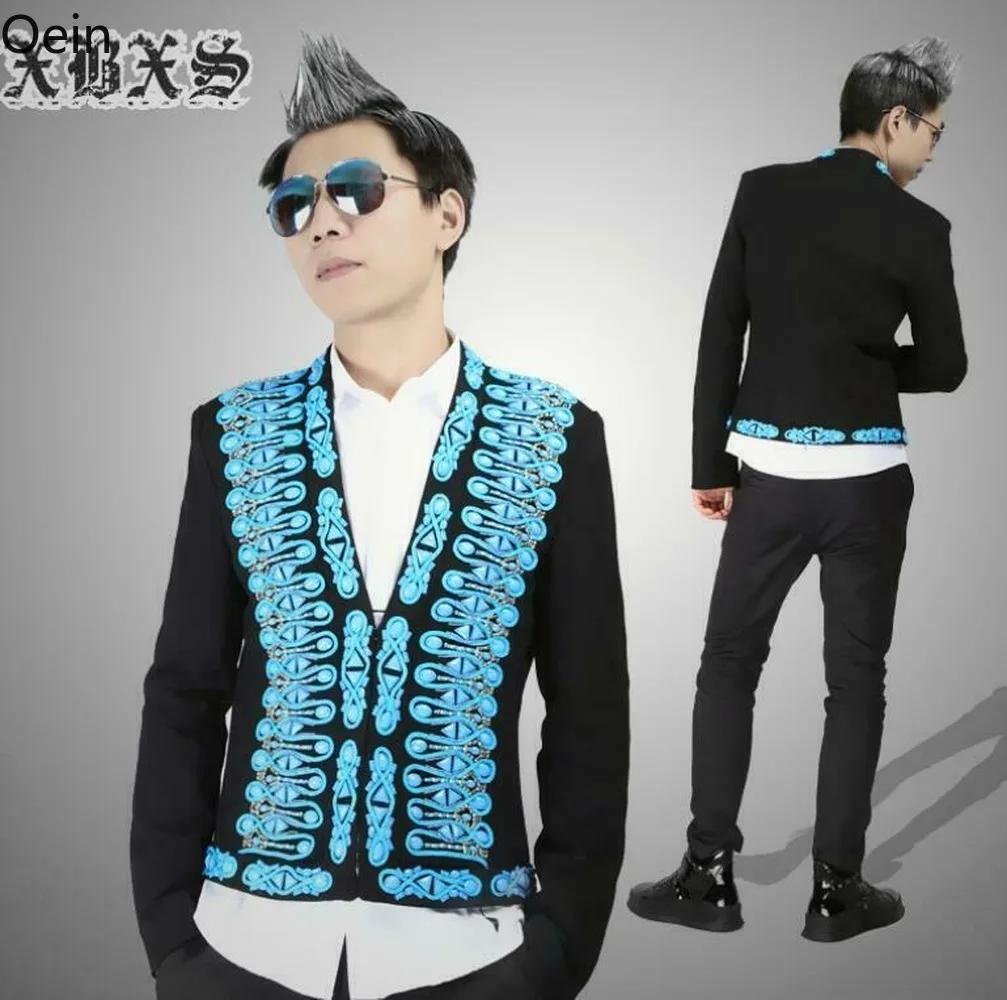 Men Long Sleeve Rhinestone Slim Coat Blue Cardigan Peacoat Embroidery Luxury Suit Blazer Fit New 2023