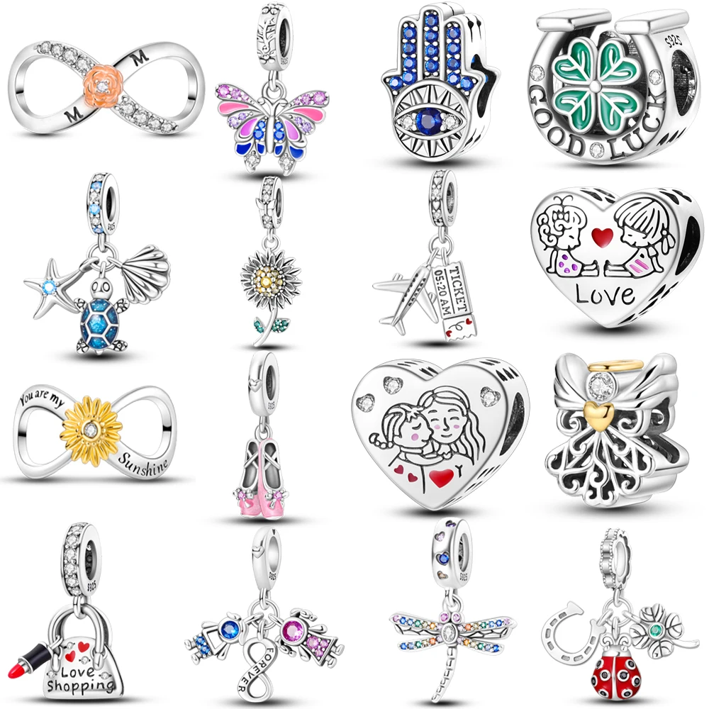 

925 Sterling Silver Charms Pendants Fit Original Bracelet DIY Beads Fatima Hand Butterfly Dragonfly Clover