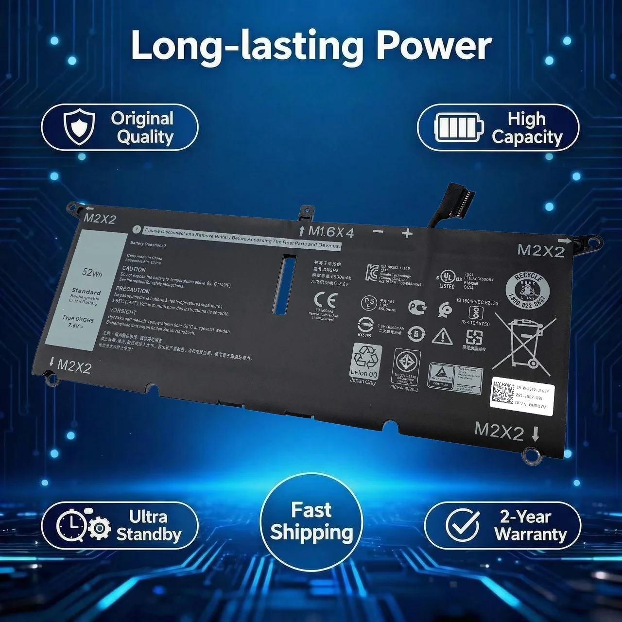 Nueva batería para portátil DXGH8 para Dell XPS 13 9380 9370 7390 para Dell Inspiron 7390 2 en 1 7490 G8VCF 0H754V P82G HK6N5 P114G P115G