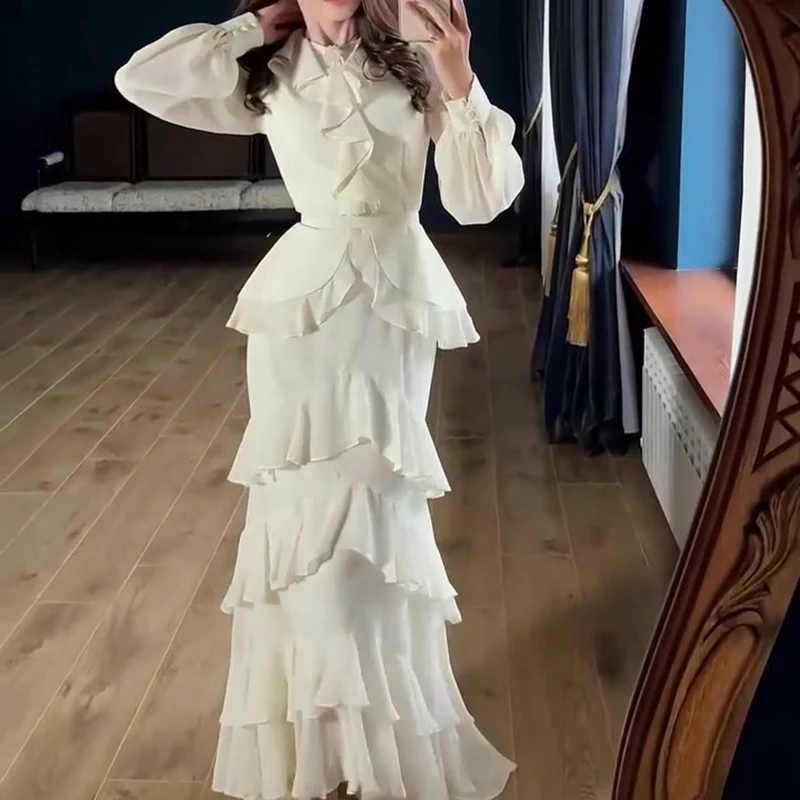 Dames casual lange mouw effen kleur feestjurk mode gedrapeerde ruches slanke lange jurk elegante o-hals hoge taille herfstjurk