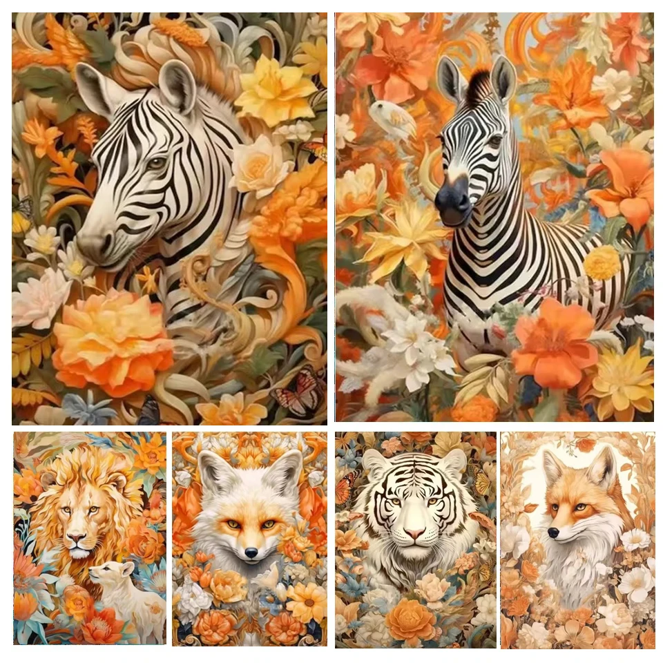 5d Diy Diamond Painting Flower And Animal Full Diamond Mosaic Embroidery Jungle Fox Tiger Lion Cross Stitch Art Home Decoration