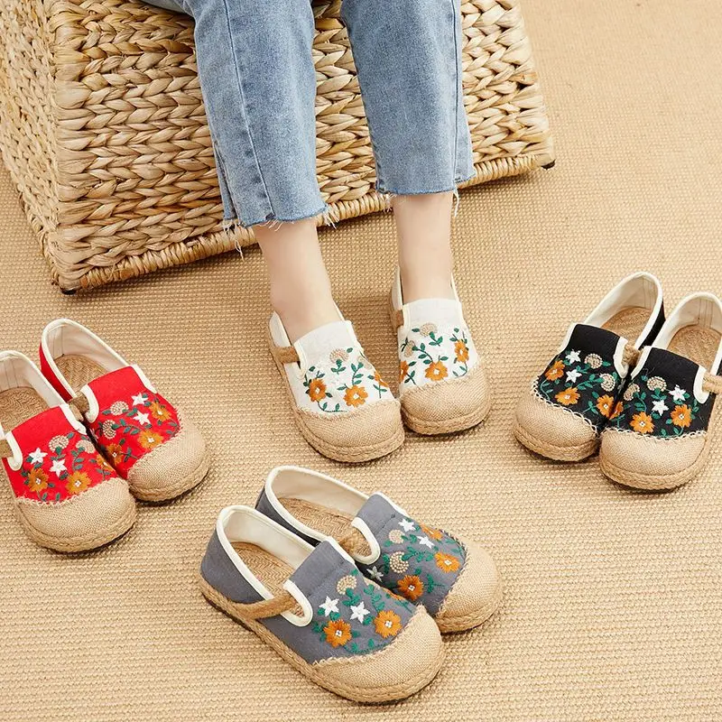 2024 spring women flat-heeled low-top embroidered shallow-mouth shoes literary ethnic women's shoes linen casual shoes