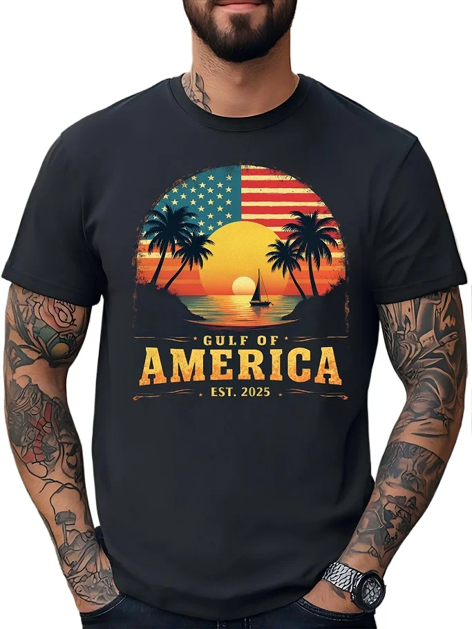 

American gulf sunset graphic American flag beach cotton print, summer men's casual short-sleeved t-shirt,