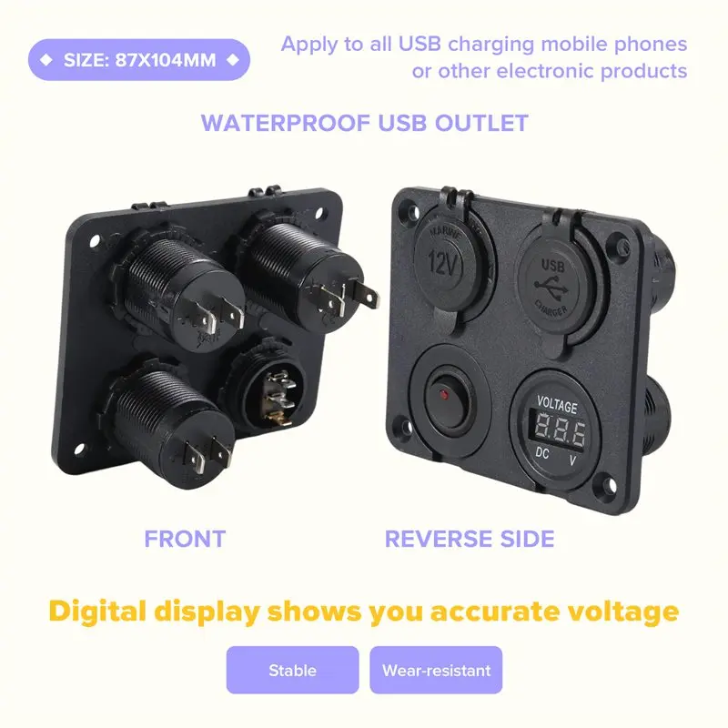 A13Z-DC 12V-24V Car Boat Socket Dual USB Voltmeter Switch Panel For Vehicle Car Boat Motor Home
