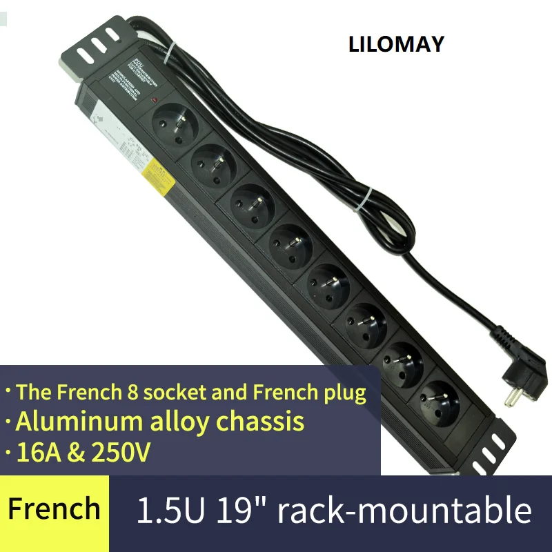 

Factory Supply OEM PDU Cabinet Power Socket France 8 bit 16A with Power Indicator 1.5U 19inch Aluminum Power Plug