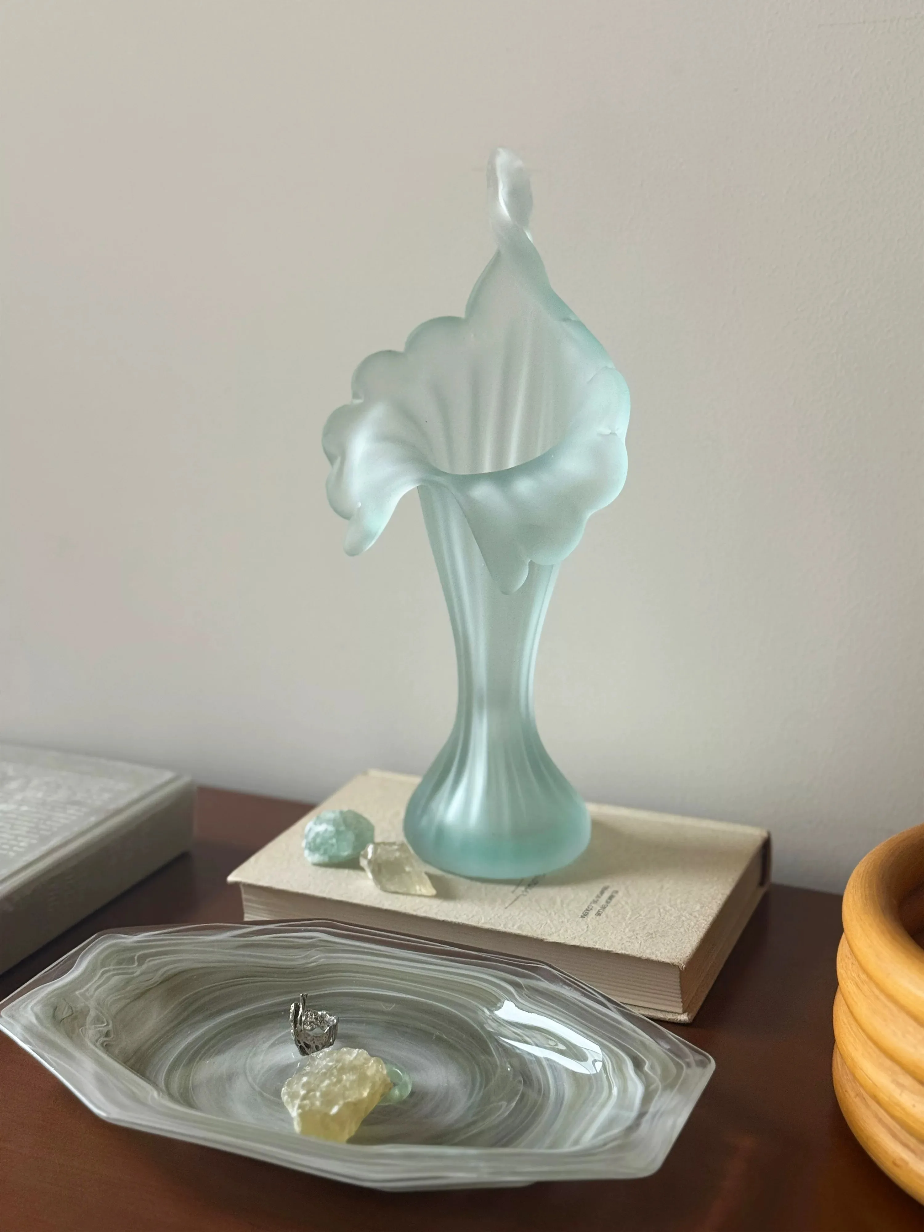 Art Nouveau Mid-Century Unique Floral Decor Ornament, Frosted Glass Vase for Living Room Soft Furnishing