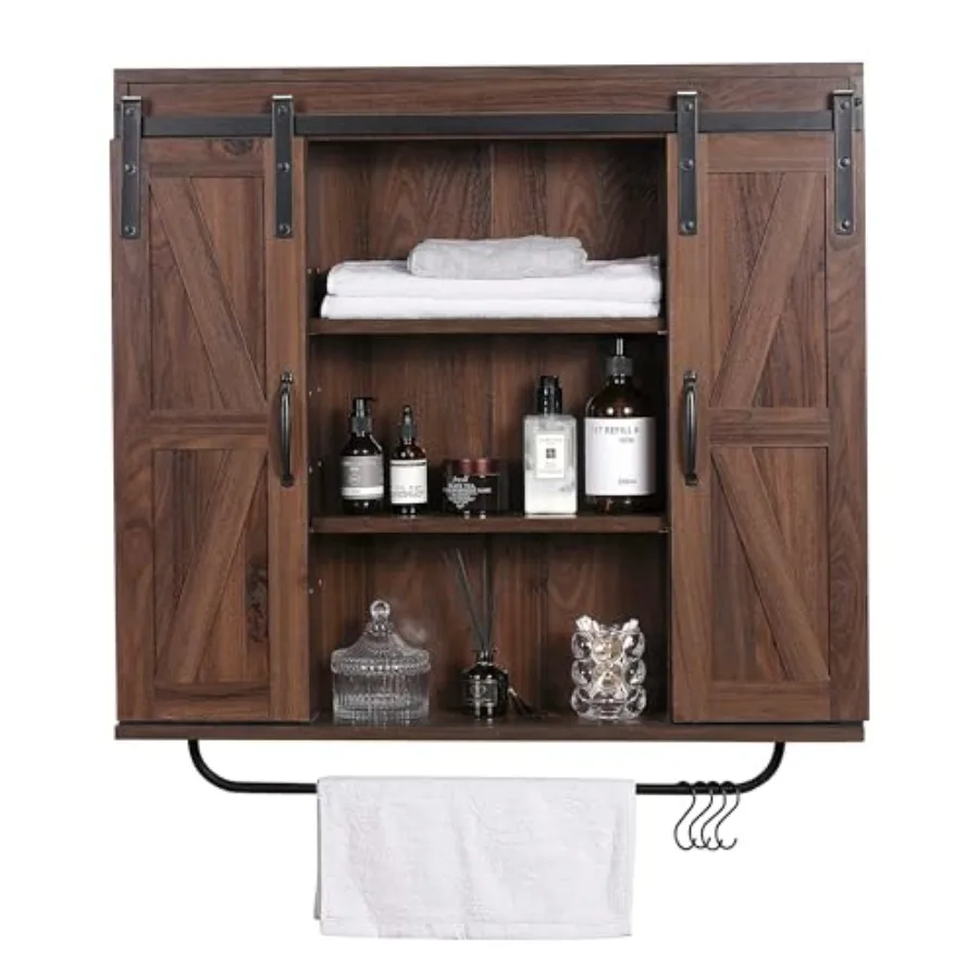 

Деревянный настенный шкаф в деревенском стиле с двумя раздвижными дверцами-амбарными, 3-ярусный декоративный винтажный шкаф для кухни, столовой, ванной комнаты