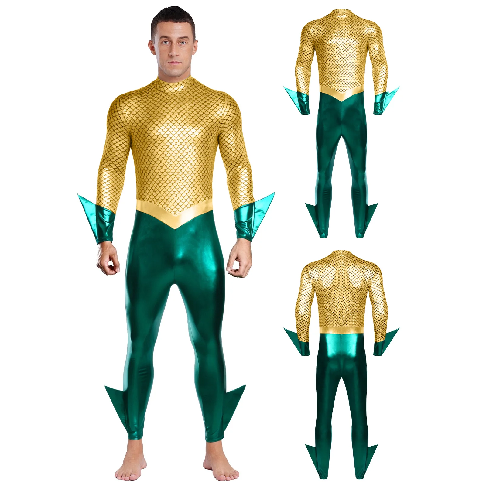 

Mens Carnival Fish Scale Mermaid Role Play Costumes Metallic Fashion Long Sleeve Unitard Rompers for Halloween Masquerade Party