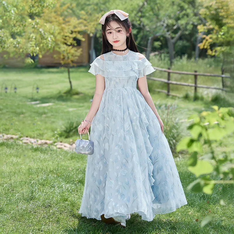 

Children's princess dress for girls clothes summer 2025 new foreign style middle-aged chiffon floral dresses