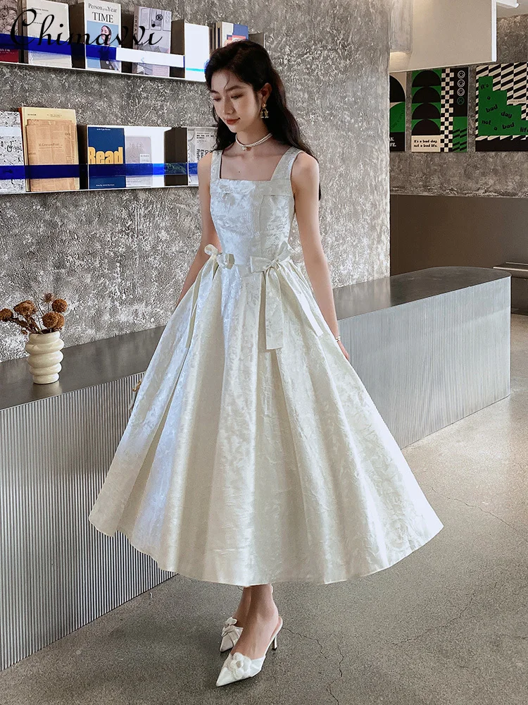 

French Elegant Retro Jacquard Sleeveless Square Collar Backless High Waist Lace-up Bow Slim Fit A-line Evening Long Dress Women