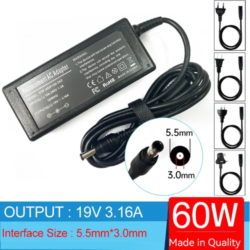 Cargador adaptador de CA para ordenador portátil, dispositivo de 19V, 3.15A/3.16A, 60W, para Samsung NP305E5A, NP300E4C, NP300E4E, NP300E5A, NP300E5AI, NP300E5C, NP300E5E