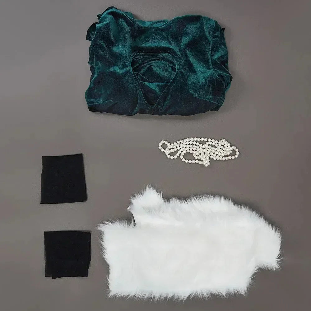 CosplayMobbunny 여성용 란제리 드레스 세트 하이 슬릿 드레스와 숄 스타킹과 목걸이 코스프레 의상