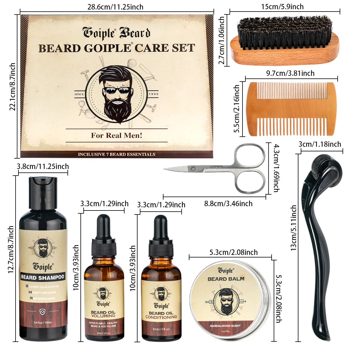 GOIPLE Beard Care Kit for Men, Beard Wash, Beard Oil, Volumizing Oil, Beard Balm, Wooden Brush, Comb, Scissors & Roller Suitable for Black Red White Beard