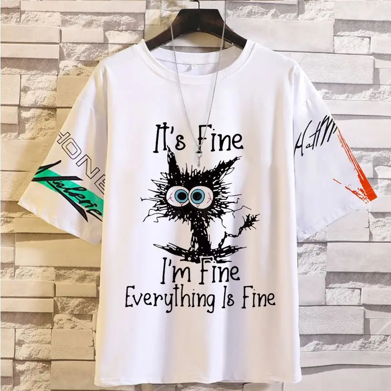 

Anime Game Cartoon Cat Short T-Shirt Half Sleeve Fun Anxiety Social Cow Casual Round Neck Plus Size Summer Trdy Ins Style For M