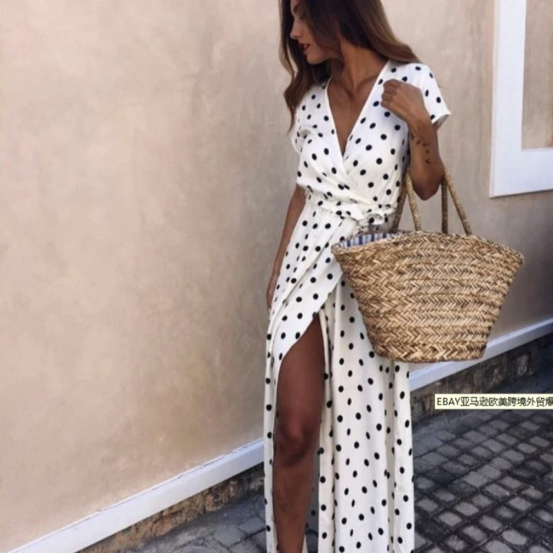 Abito estivo bianco Donna 2025 Abito Boho bianco vintage casual Stampa a pois A-Line Party Abiti lunghi sexy con scollo a V a maniche corte