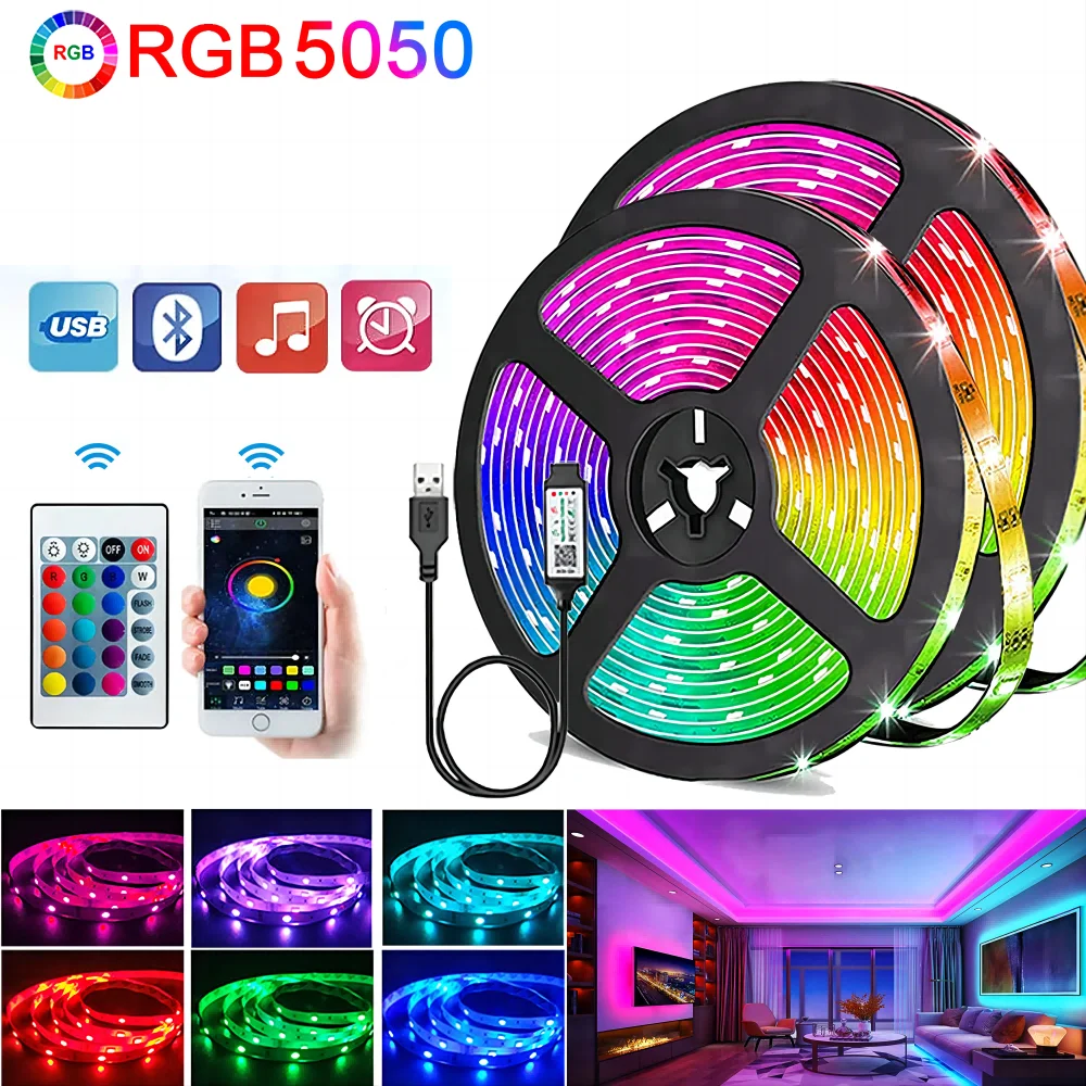 Diody na wstążce Led RGB 5050 z kontrolą zdalny Bluetooth taśma Led synchronizacji muzyki elastyczna wstążka RGB do wystrój pokoju oświetlenia