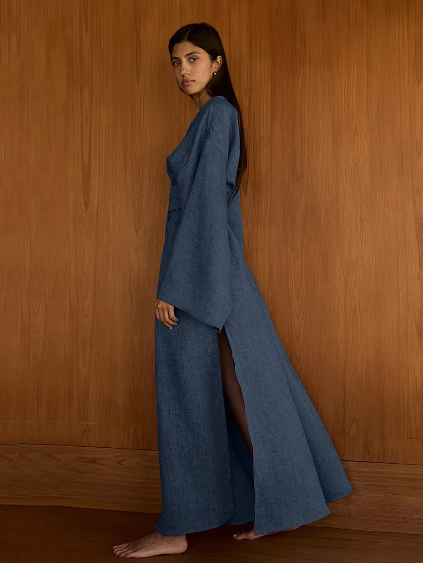 Marthaqiqi Casual Female Pajamas Long Sleeve Sleepwear Sexy V-Neck Nightwear Lace Up Nightgowns Ankle-Length Dress Women Nightie