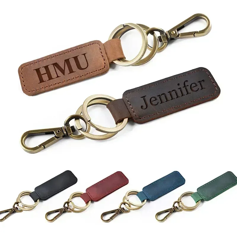 Laser Engrave Vintage Keyring for Men Women Custom Logo Leather Keychain Personalize Company Hotel Name Number Key Chain Ring